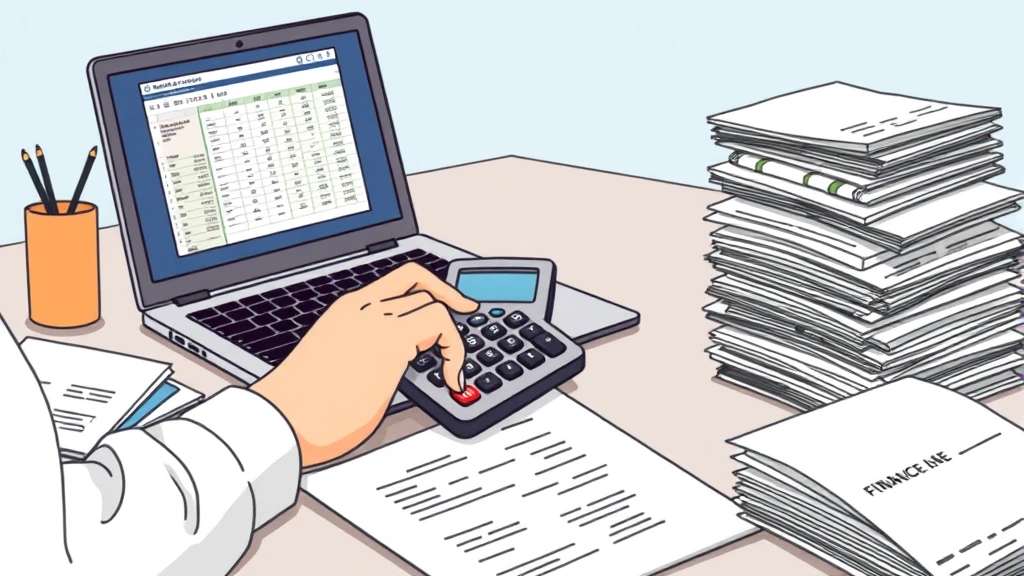 Person calculating finances with calculator, spreadsheet visible on laptop, stacks of receipts and documents organized neatly, accountant-style illustration cartoon