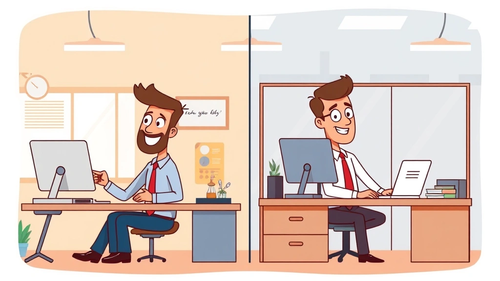 Cartoon illustration showing split screen: left side happy 1099 contractor working flexibly, right side traditional employee in office cubicle, contrasting work styles