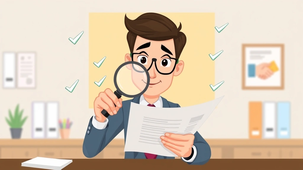 Cartoon man reviewing contract documents with magnifying glass, checkmarks appearing around him, handshake icon in background, professional attire, clean desk environment