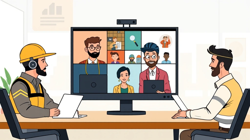Diverse group of contractors collaborating virtually on video call across different time zones, digital meeting interface, modern cartoon style