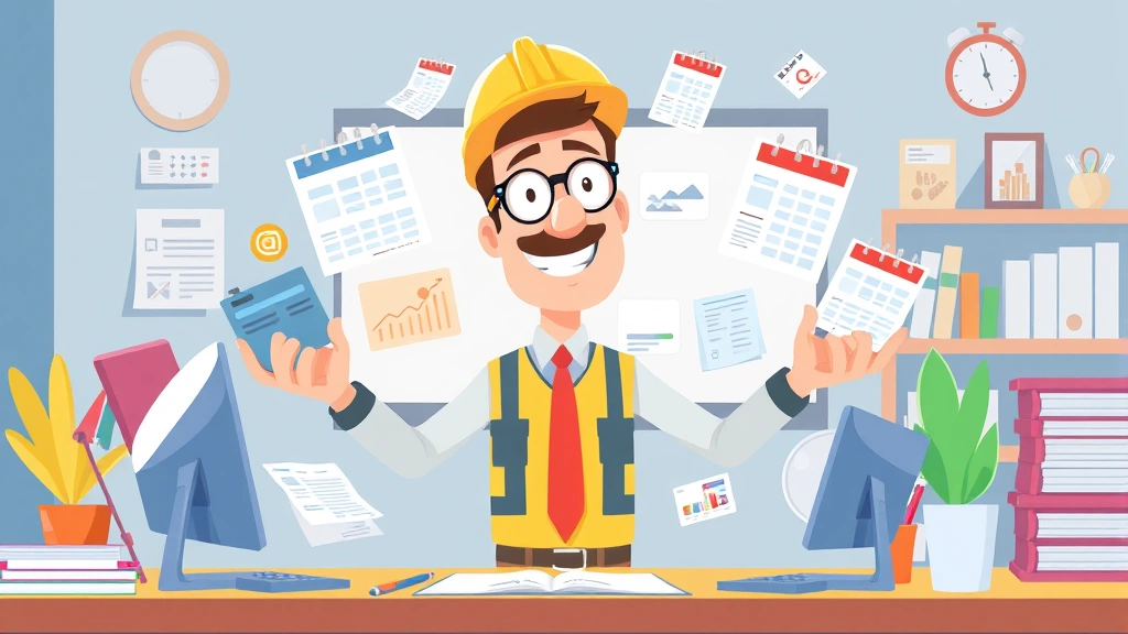 Animated contractor juggling multiple client projects with calendars and invoices, colorful professional workspace