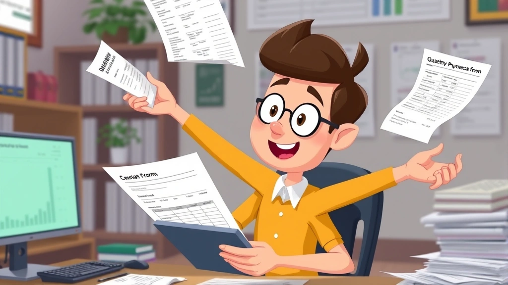 Animated character juggling tax documents, quarterly payment forms, and business expense receipts with calculator and spreadsheet visible, organized workspace background