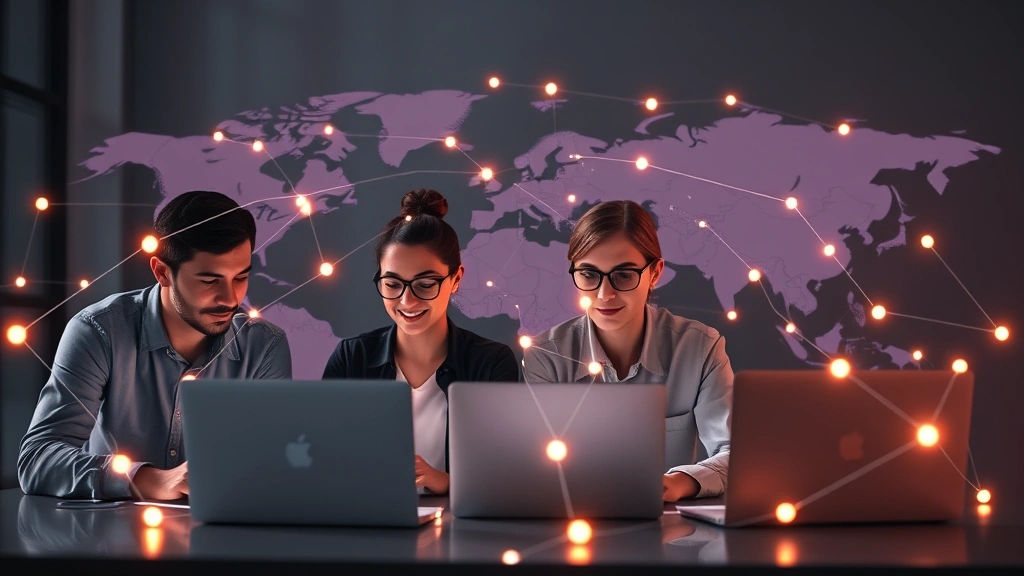 Diverse group of freelance professionals collaborating virtually—designer, developer, consultant, writer—each in their own space connected by glowing network lines, representing global contract work opportunities