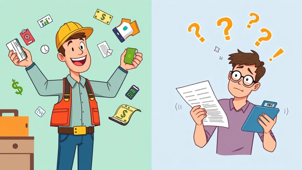 Split-screen comparison showing happy contractor juggling multiple projects and income streams on one side, stressed person with tax documents and calculator on other side, colorful cartoon style