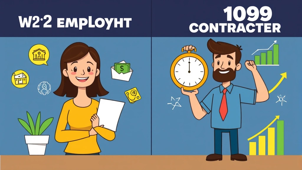 Animated cartoon showing split comparison: left side W-2 employee with benefits icons (health insurance, 401k, steady paycheck), right side 1099 contractor with flexibility icons (clock, multiple projects, growth chart)