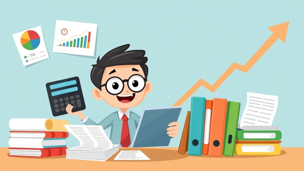 Cartoon character organizing finances with pie charts, tax documents, and calculator, color-coded folders, upbeat business atmosphere with growth arrows