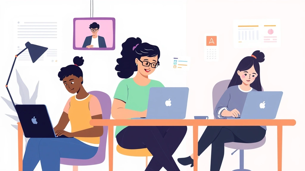 Illustration of diverse freelancers working remotely: one on video call, one designing, one writing, all appearing energized and independent