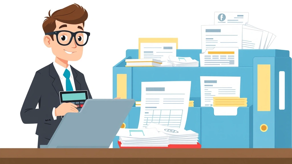 Cartoon professional organizing business documents, calculator, and invoices into neat folders and filing system