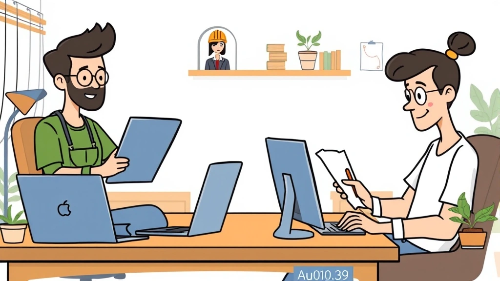 Cartoon diverse group of contractors working remotely on different devices - one on video call, one typing, one drawing - showing flexibility and independence of 1099 work, home office environment