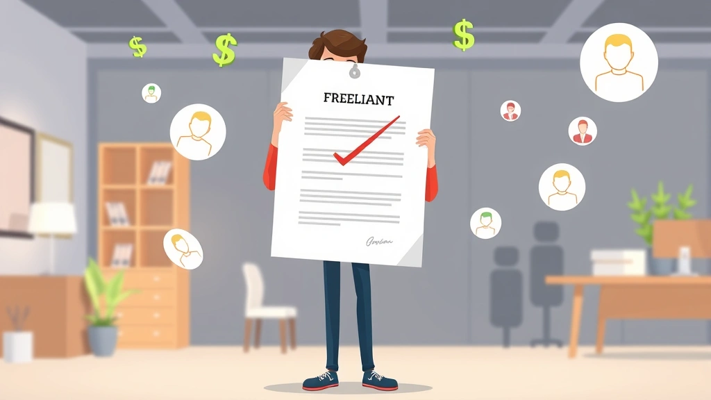 Animated graphic showing a freelancer holding a giant contract document with a checkmark, surrounded by floating dollar signs and client profile icons in a modern office setting