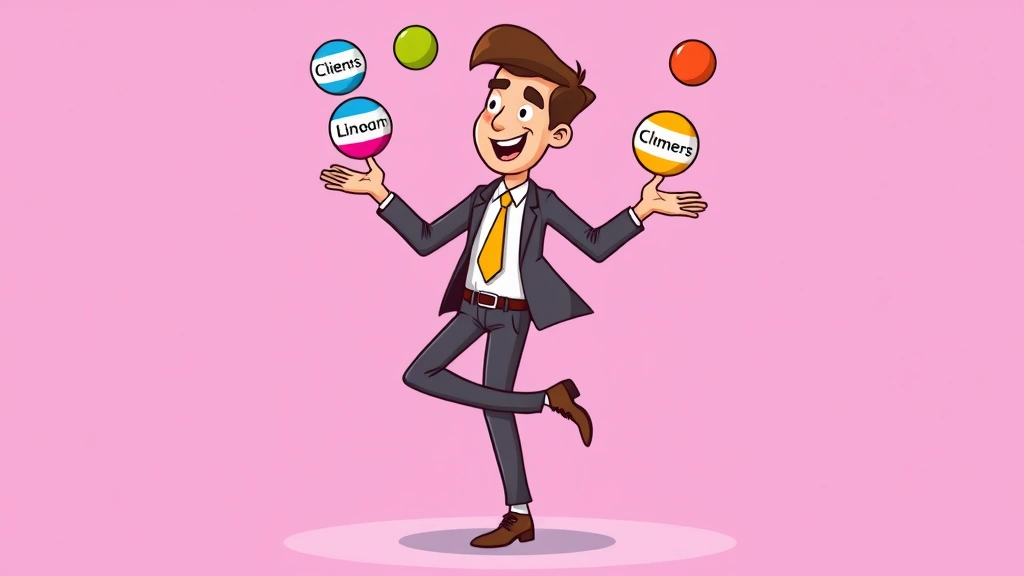 Cartoon professional juggling multiple colorful balls labeled with different clients' names, balanced on one leg, maintaining perfect equilibrium, playful and dynamic