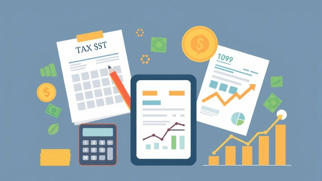 Illustrated graphic showing financial planning elements: calculator, tax forms, invoices, and growth charts representing 1099 business management