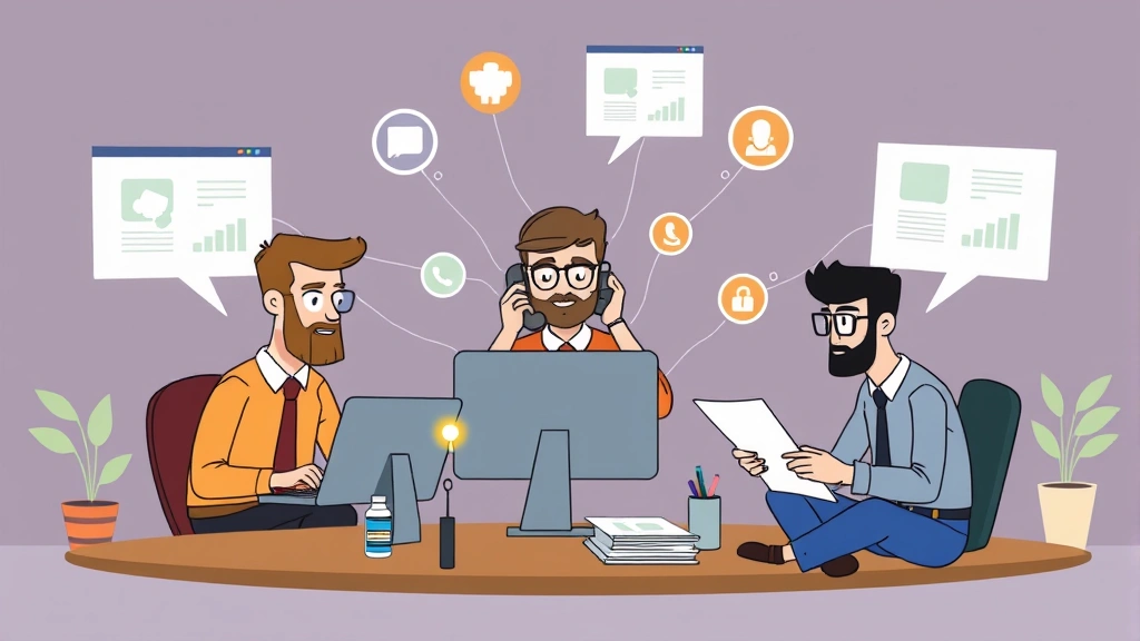 Cartoon diverse contractors working together on different tasks simultaneously, one on computer, one on phone, one reviewing documents, connected by light paths, representing remote collaboration and multiple clients