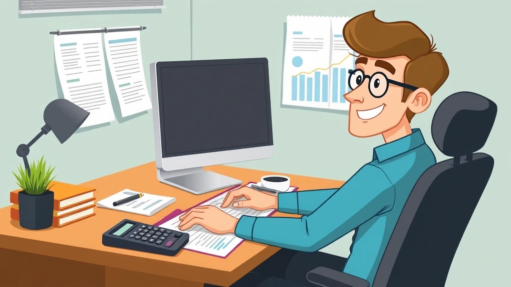 Animated freelancer sitting at desk with computer, calculator, and financial documents, representing tax planning and business management for independent contractors, friendly art style