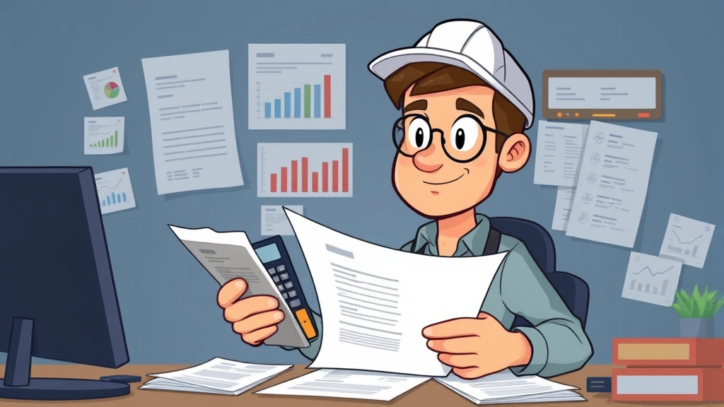 Cartoon contractor reviewing contract document and calculator, analyzing rates and pricing, surrounded by invoices and financial charts, determined expression, modern workspace setup