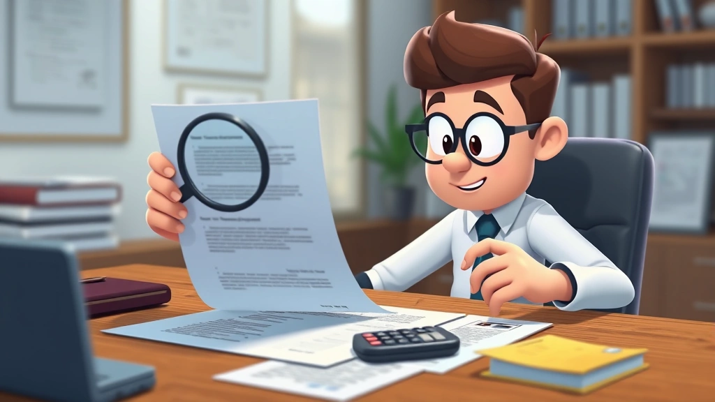 Animated character reviewing contract document with magnifying glass, calculator, and financial documents spread out, professional office setting