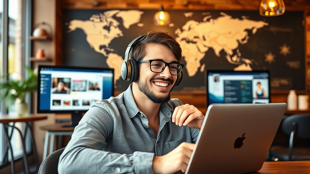 Cheerful freelancer working from coffee shop with headphones, multiple device screens showing different clients, global map in background, representing remote work flexibility and independence