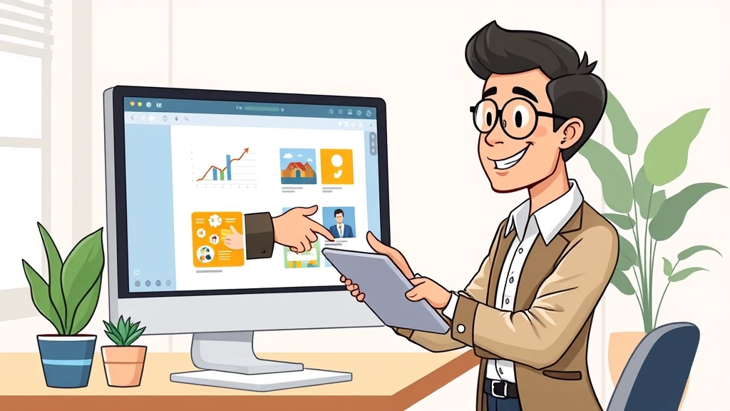 Cartoon illustration of freelancer confidently presenting portfolio on tablet to virtual client, handshake through screen, modern minimalist office setup with plants, professional appearance