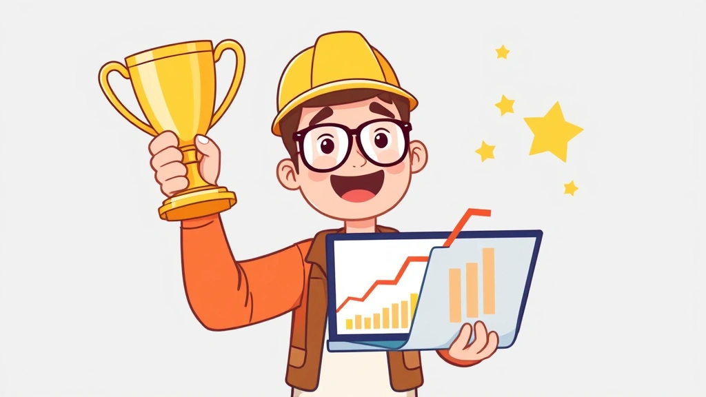Cartoon freelancer celebrating success: person holding trophy with upward trending graph, laptop showing completed projects, stars and growth symbols, representing contractor career growth