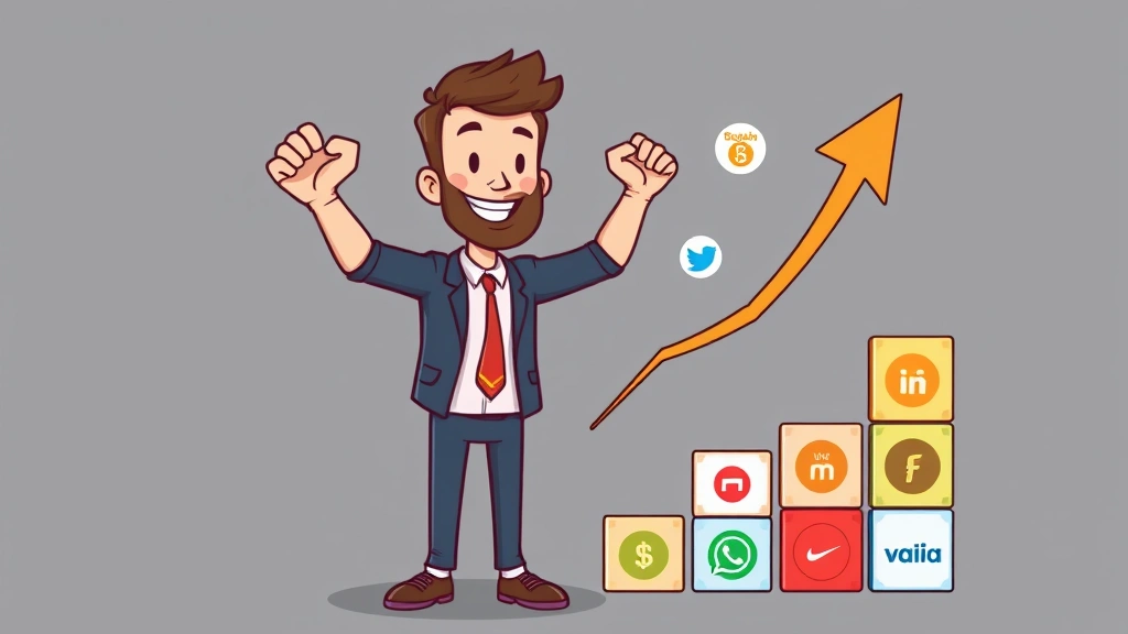 Cartoon freelancer celebrating success with growing upward arrow chart, multiple client logos around them, building blocks representing business growth, confident powerful pose