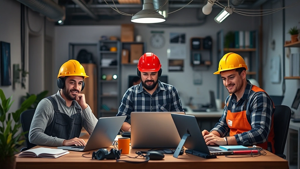 Diverse group of independent contractors (tech worker, creative professional, tradesperson) each in their own workspace, connected by digital network lines, celebrating flexibility and autonomy