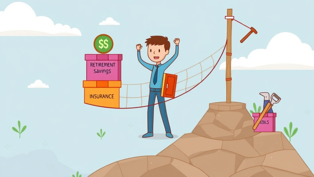 Cartoon figure building a financial safety net with retirement savings boxes, insurance shields, and business expense tools, constructing stable foundation for independent contractor success
