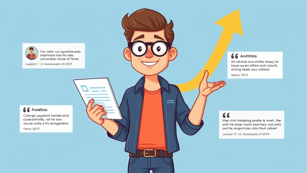 Cartoon freelancer confidently presenting portfolio and testimonials to potential clients, growth chart and upward arrow in background showing income progression