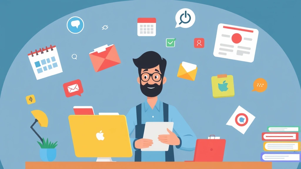 Cartoon graphic showing a contractor managing multiple client projects simultaneously with different colored project folders, calendar, and communication icons floating around, organized and focused expression, creative workspace