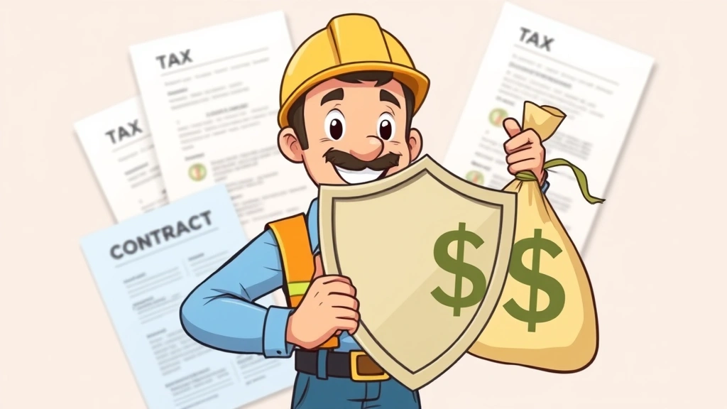 Cartoon confident contractor holding shield protecting money bag, with tax forms and contract documents in background, representing financial security and legal protection for freelancers