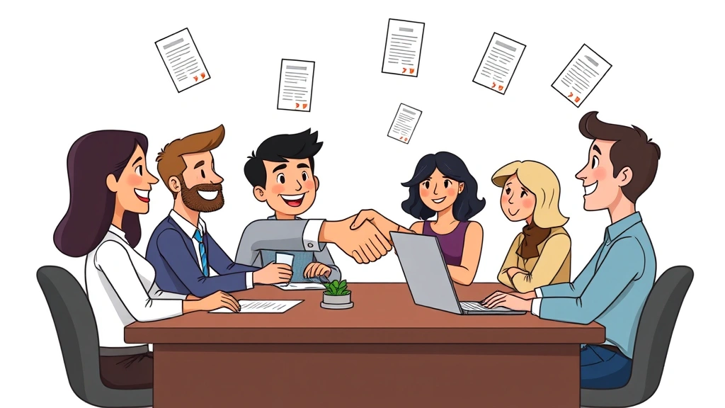 Cartoon freelancer shaking hands with diverse clients across a desk, with contract documents and payment symbols floating around, showing successful business relationships