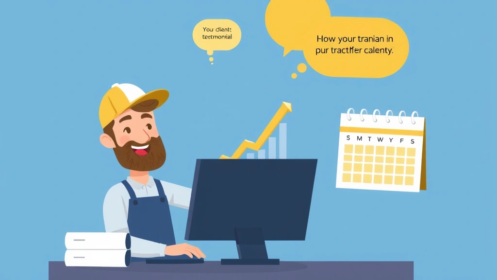 Cartoon successful contractor at computer with upward trending graph, calendar showing booked days, and happy client testimonial bubbles floating above