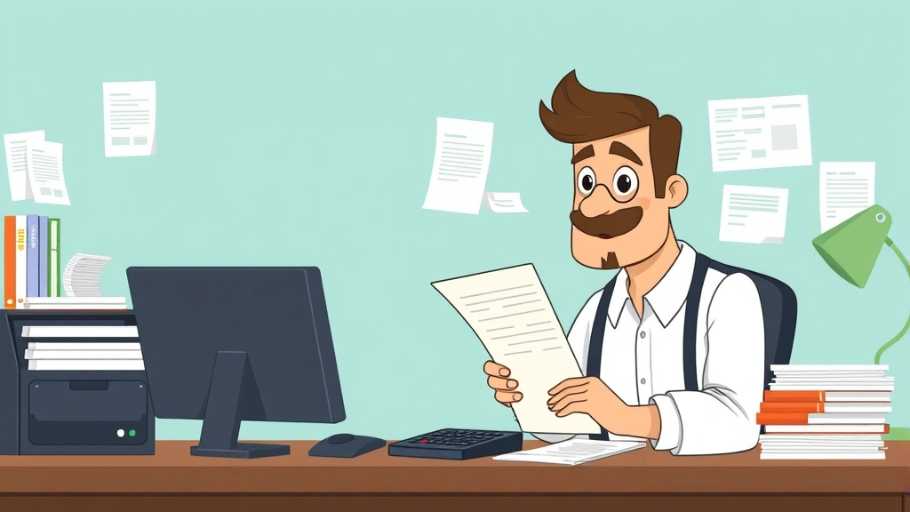 Cartoon professional contractor organizing financial documents, receipts, and tax forms with organized file system, calculator, and accounting software on computer screen, organized and prepared