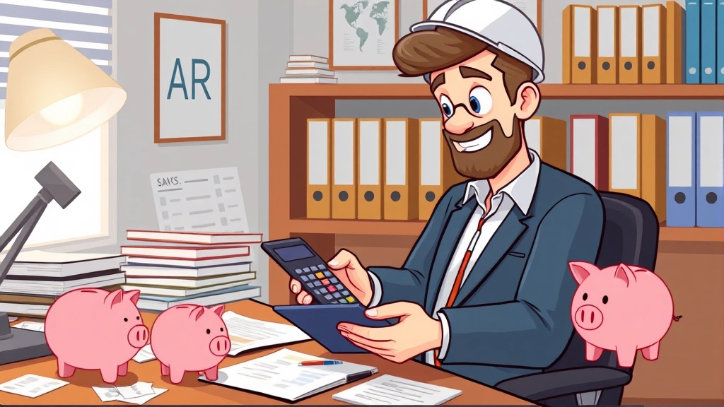 Cartoon illustration of a contractor calculating taxes with a calculator and financial documents, organized desk with business files, piggy bank for savings, professional atmosphere
