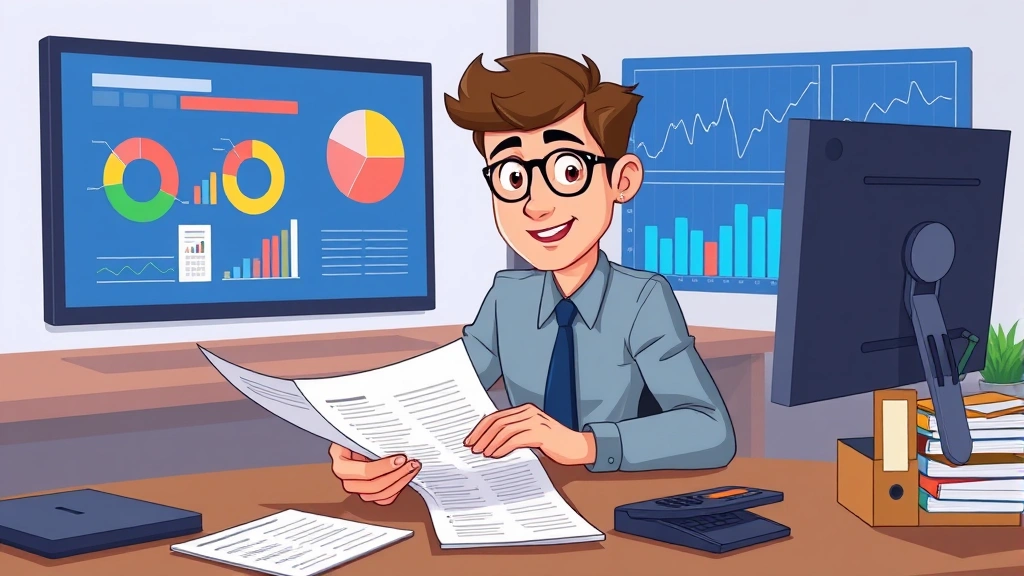Cartoon-style business professional reviewing financial documents and invoices at desk, calculator visible, pie charts and graphs displayed on monitor, organized file folders, satisfied expression, modern office aesthetic