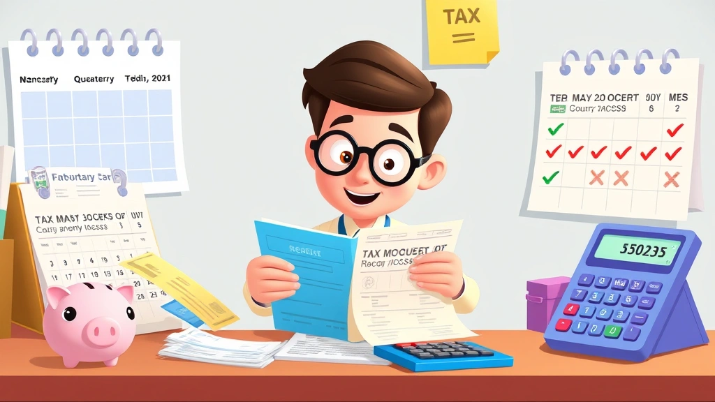 Animated character organizing colorful tax documents and receipts into folders, calendar showing quarterly payment dates, piggy bank and calculator nearby, checkmarks on completed tasks