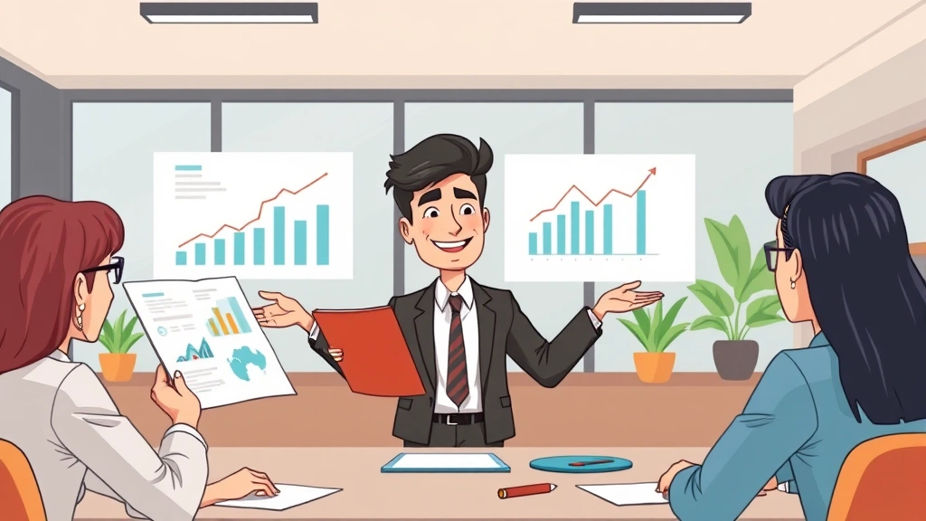 Cartoon image of a person confidently presenting a portfolio or business plan to potential clients, modern office setting with charts and growth indicators visible