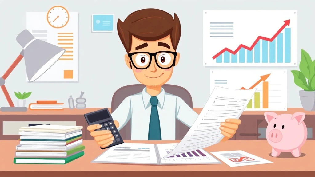 Cartoon person reviewing financial documents, calculator, tax forms, and growth chart, organized workspace, piggy bank and money symbols, professional and focused demeanor