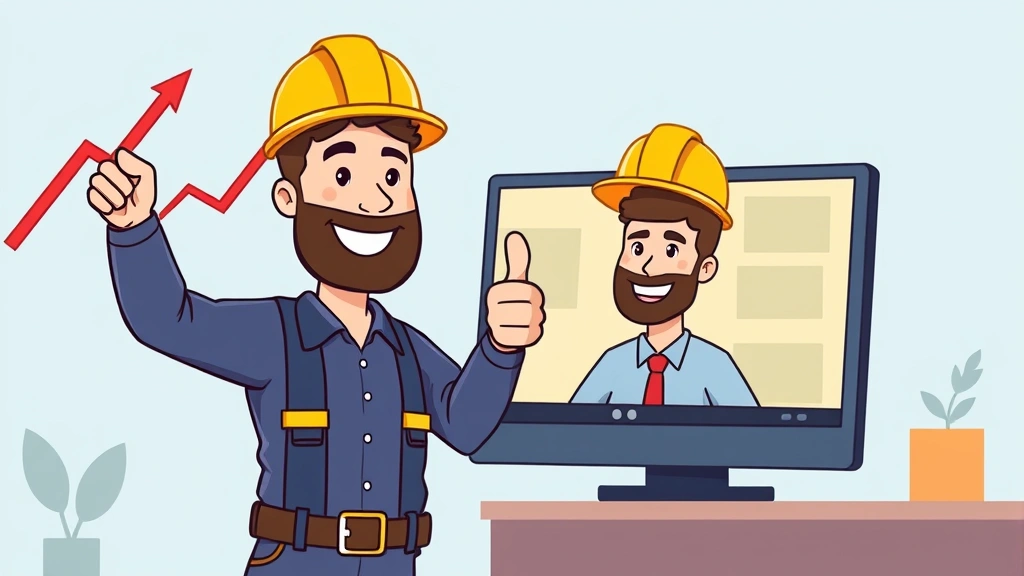 Contractor celebrating successful project completion with rising chart arrow, happy client giving thumbs up in video call, cartoon style professional celebration scene