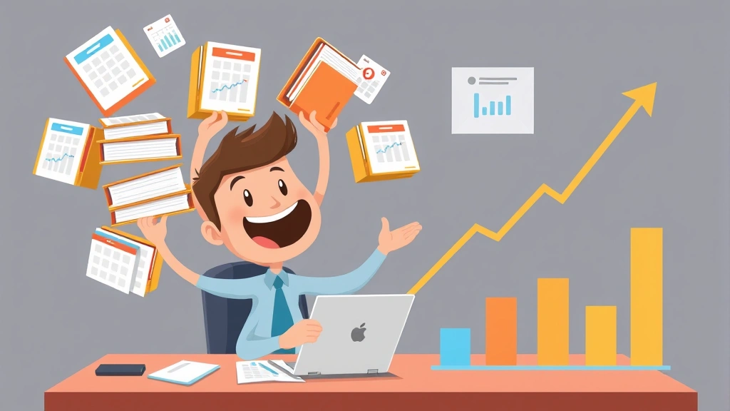 Cartoon character juggling multiple project folders and calendar blocks while sitting at desk with growth chart showing upward trend and successful business metrics