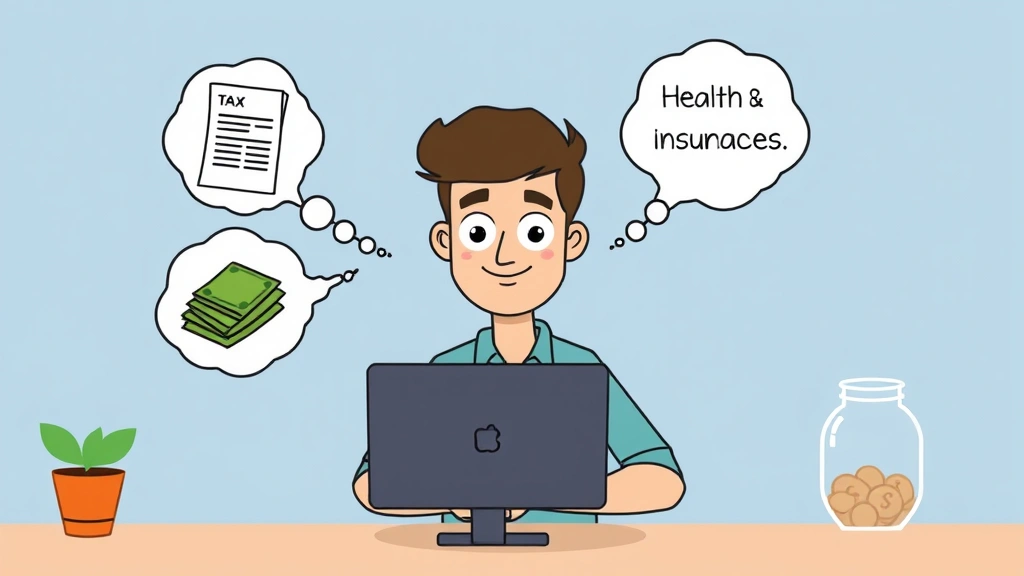 Cartoon freelancer at computer with thought bubbles showing tax forms, money, health insurance, and savings jar, representing financial management responsibilities