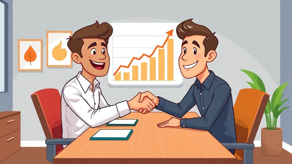 Cartoon freelancer shaking hands with client across desk, both smiling, chart showing growth trending upward on wall behind them, professional meeting room setting