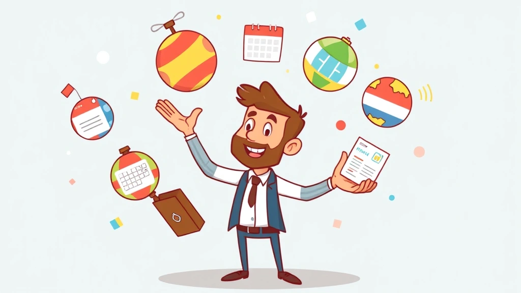 Cartoon contractor juggling multiple client projects represented as colorful spinning balls, calendar, and invoices, demonstrating work-life balance and time management skills
