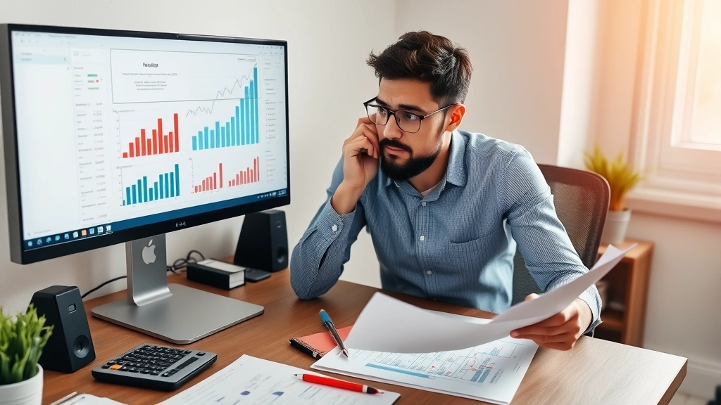 Independent contractor reviewing financial documents and charts on computer screen, calculator nearby, planning retirement and business growth strategy