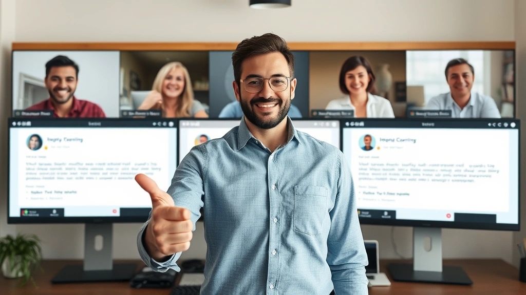 Independent contractor confidently presenting work to diverse group of happy clients in virtual meeting, thumbs up and smiling faces, computer screens showing portfolio and testimonials