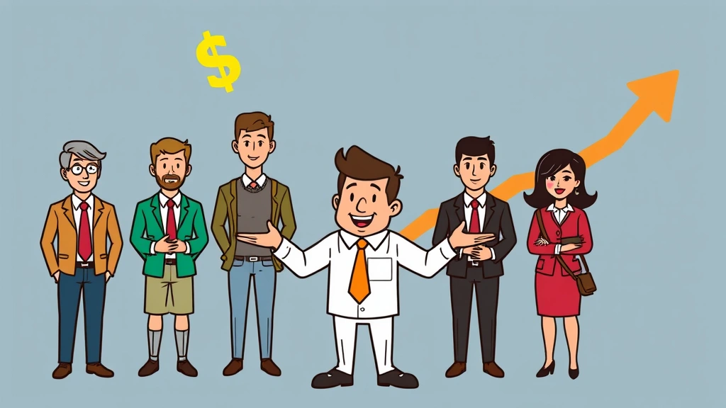 Cartoon figure confidently presenting services to multiple clients with dollar signs and growth arrows, showing successful independent contractor business growth