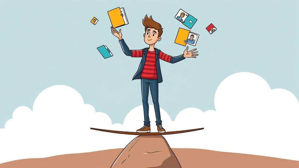 Cartoon depiction of a freelancer juggling multiple colored project folders and client profiles while standing on a balance beam, symbolizing workload management and client diversification