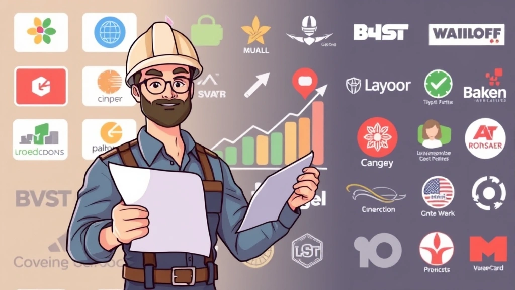 Contractor confidently presenting business plan with growth chart, diverse client logos in background, professional cartoon illustration showing successful independent business ownership