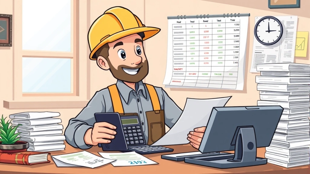 Cartoon contractor calculating finances with calculator and spreadsheet, stacks of organized receipts nearby, satisfied expression showing tax organization