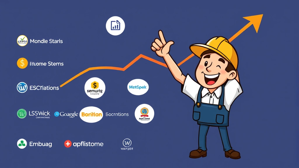 Successful contractor celebrating growth with upward trending chart, multiple income streams, diverse client logos, achieving financial goals, cheerful cartoon style