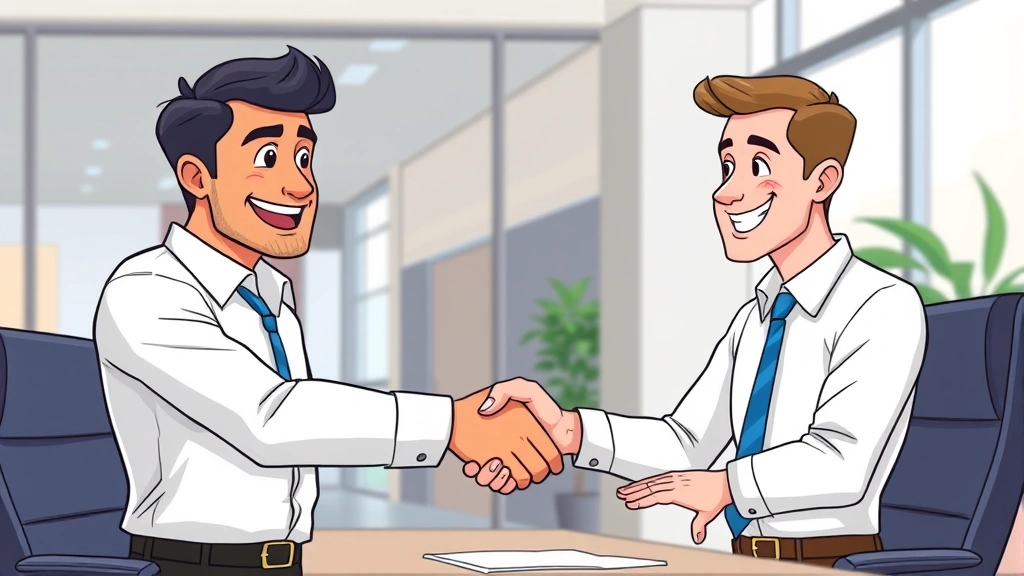 Cartoon scene of confident professional shaking hands with client in modern office setting, both smiling, representing successful contract negotiation and business relationship